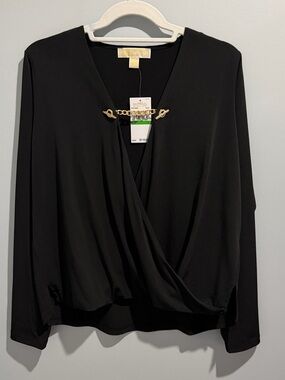 MICHAEL Michael Kors Black Long-Sleeve Wrap Blouse with Gold Chain